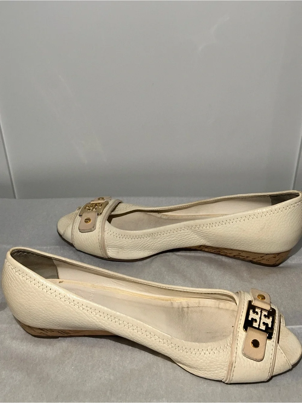 Tory Burch Cream Leather Peep-Toe Kitten Heel Wedges with Gold Logo Accent